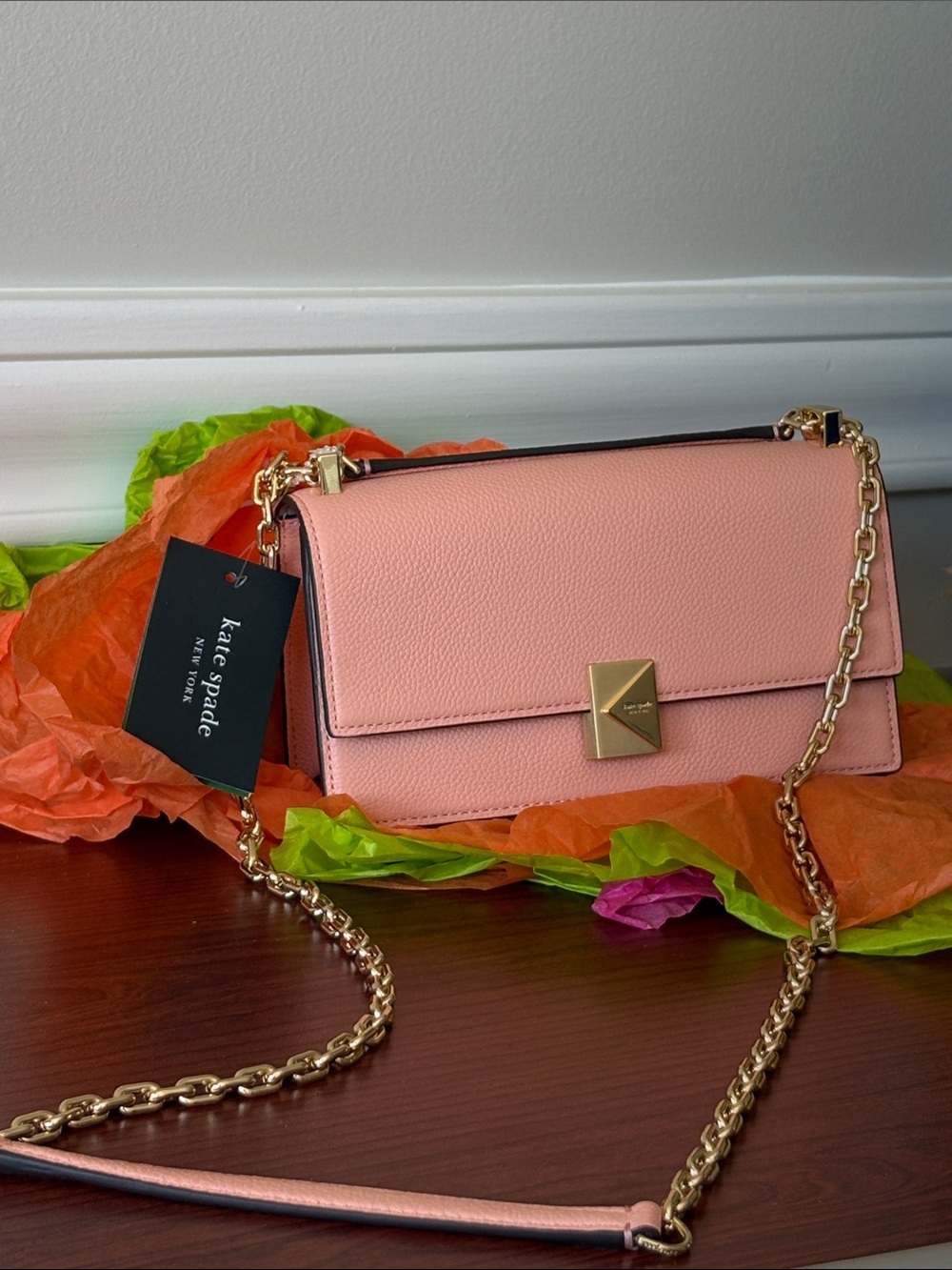 kate spade New York crossbody NWT Apricot Leather Flap Crossbody with Gold Chain